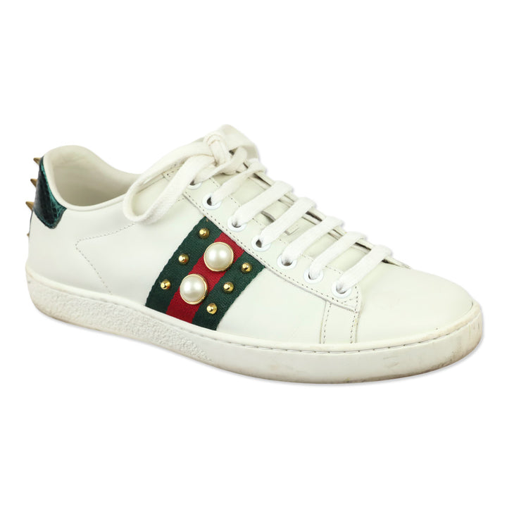 Gucci White Leather Web Ace Faux Pearl Studded Low-Top Sneakers