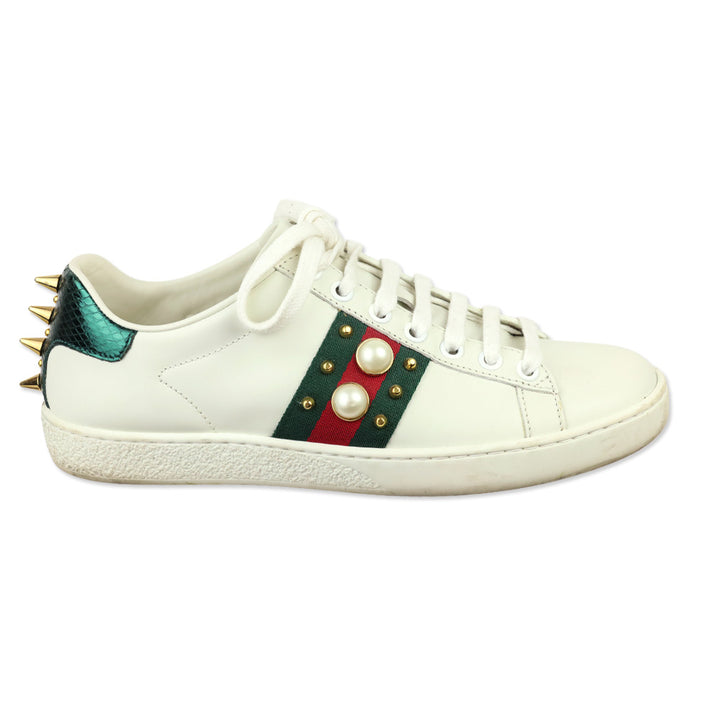Gucci White Leather Web Ace Faux Pearl Studded Low-Top Sneakers