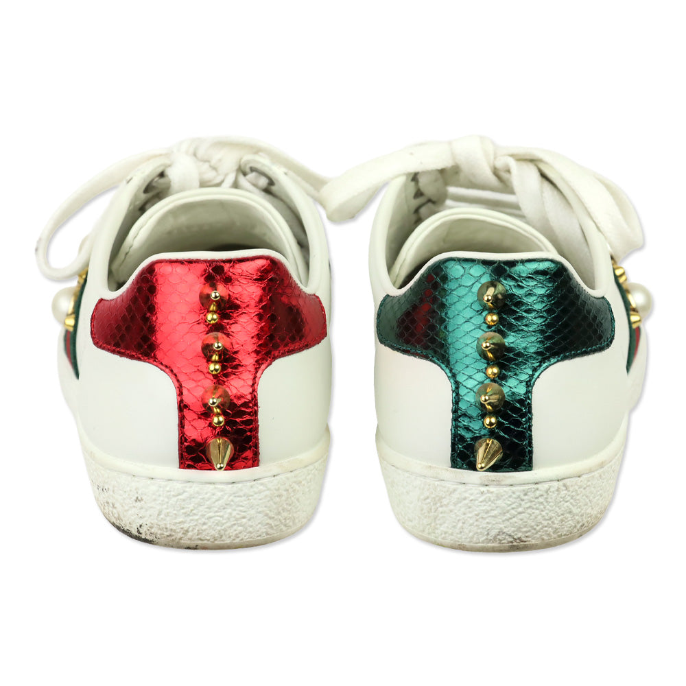Gucci White Leather Web Ace Faux Pearl Studded Low-Top Sneakers