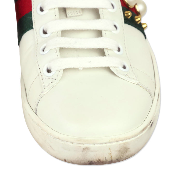 Gucci White Leather Web Ace Faux Pearl Studded Low-Top Sneakers