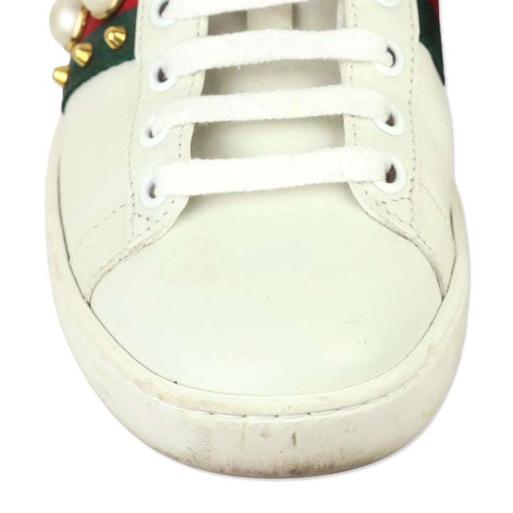 Gucci White Leather Web Ace Faux Pearl Studded Low-Top Sneakers