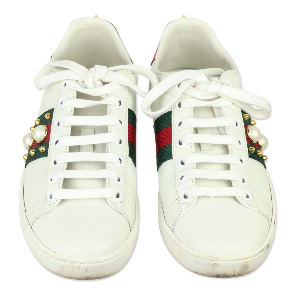 Gucci White Leather Web Ace Faux Pearl Studded Low-Top Sneakers