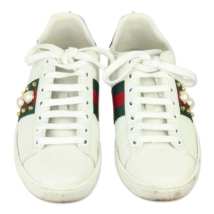 Gucci White Leather Web Ace Faux Pearl Studded Low-Top Sneakers