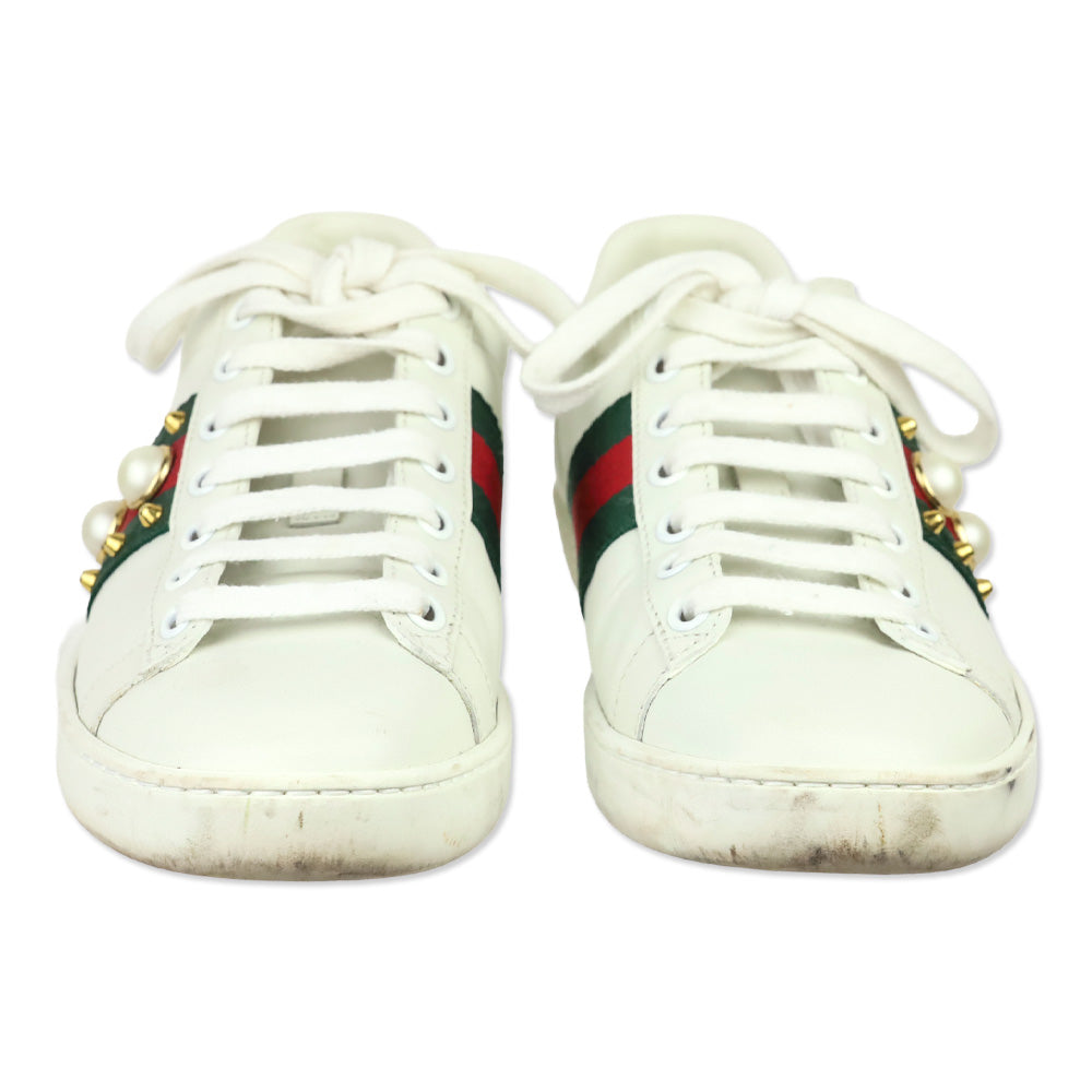 Gucci White Leather Web Ace Faux Pearl Studded Low-Top Sneakers