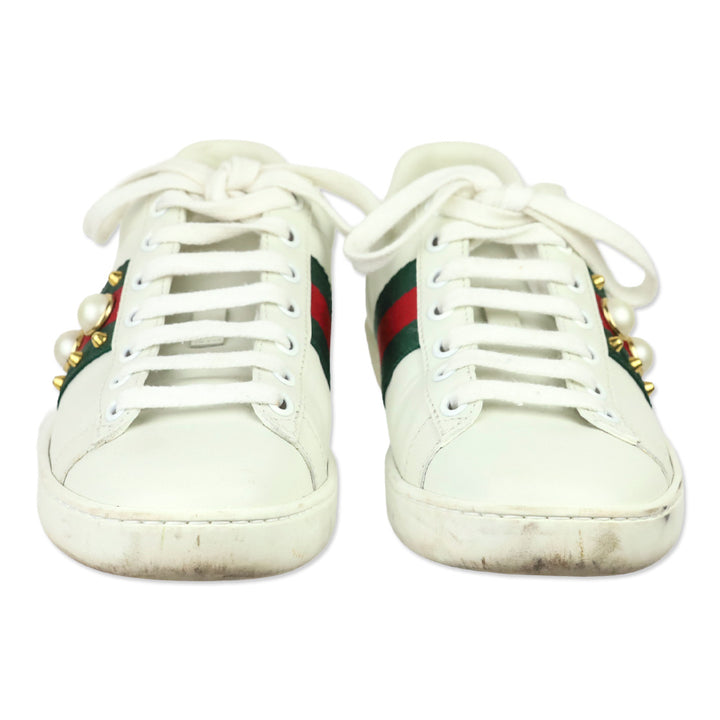 Gucci White Leather Web Ace Faux Pearl Studded Low-Top Sneakers
