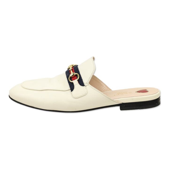 Gucci White Leather Web Stripe Horsebit Princetown Slipper Mule Loafer