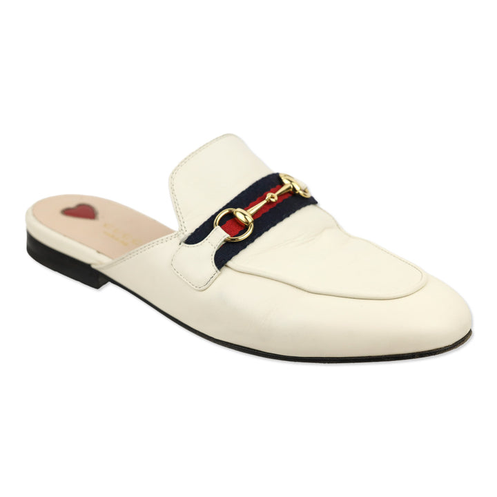 Gucci White Leather Web Stripe Horsebit Princetown Slipper Mule Loafer