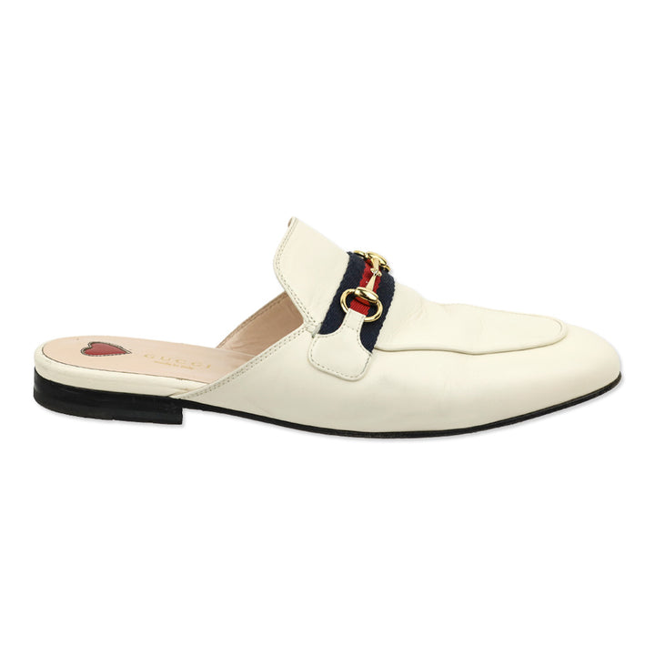 Gucci White Leather Web Stripe Horsebit Princetown Slipper Mule Loafer