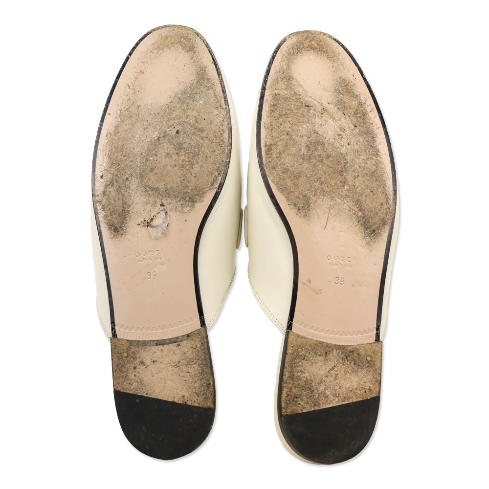 Gucci White Leather Web Stripe Horsebit Princetown Slipper Mule Loafer