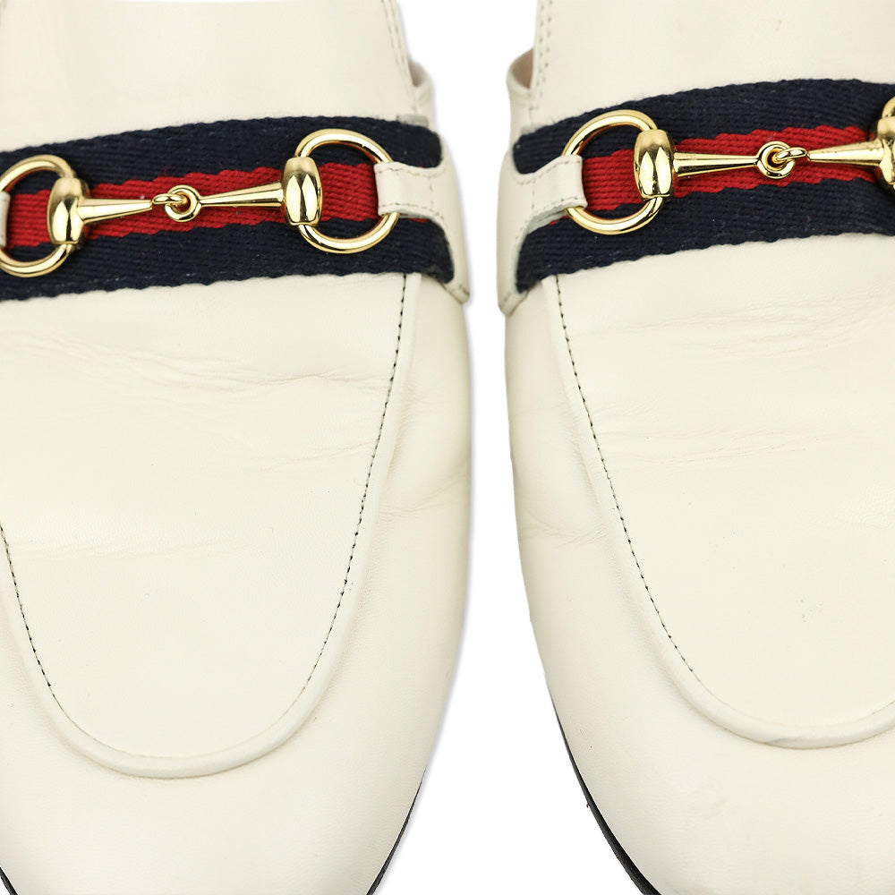 Gucci White Leather Web Stripe Horsebit Princetown Slipper Mule Loafer