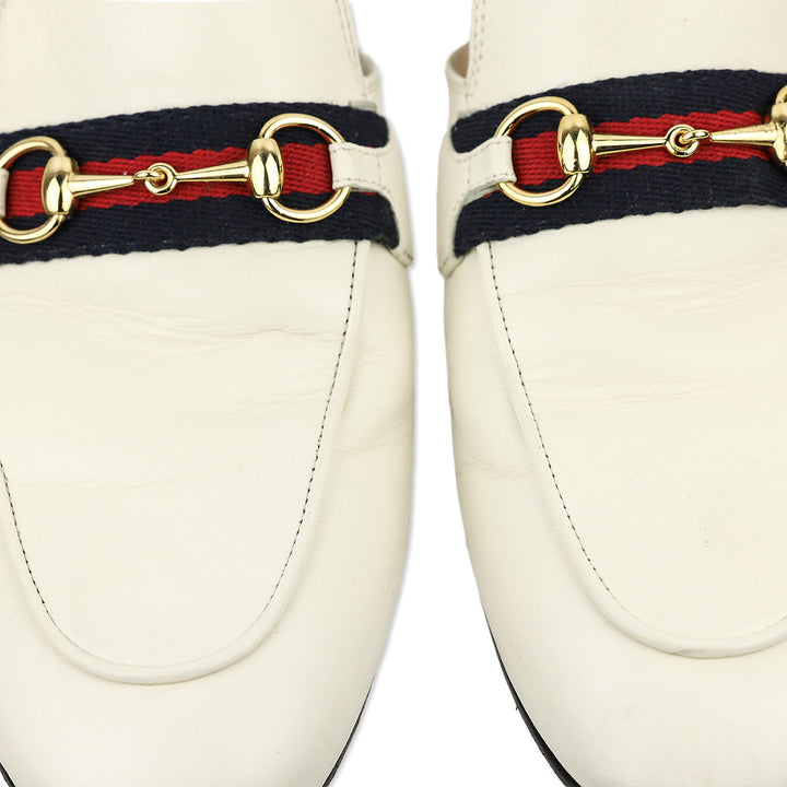 Gucci White Leather Web Stripe Horsebit Princetown Slipper Mule Loafer