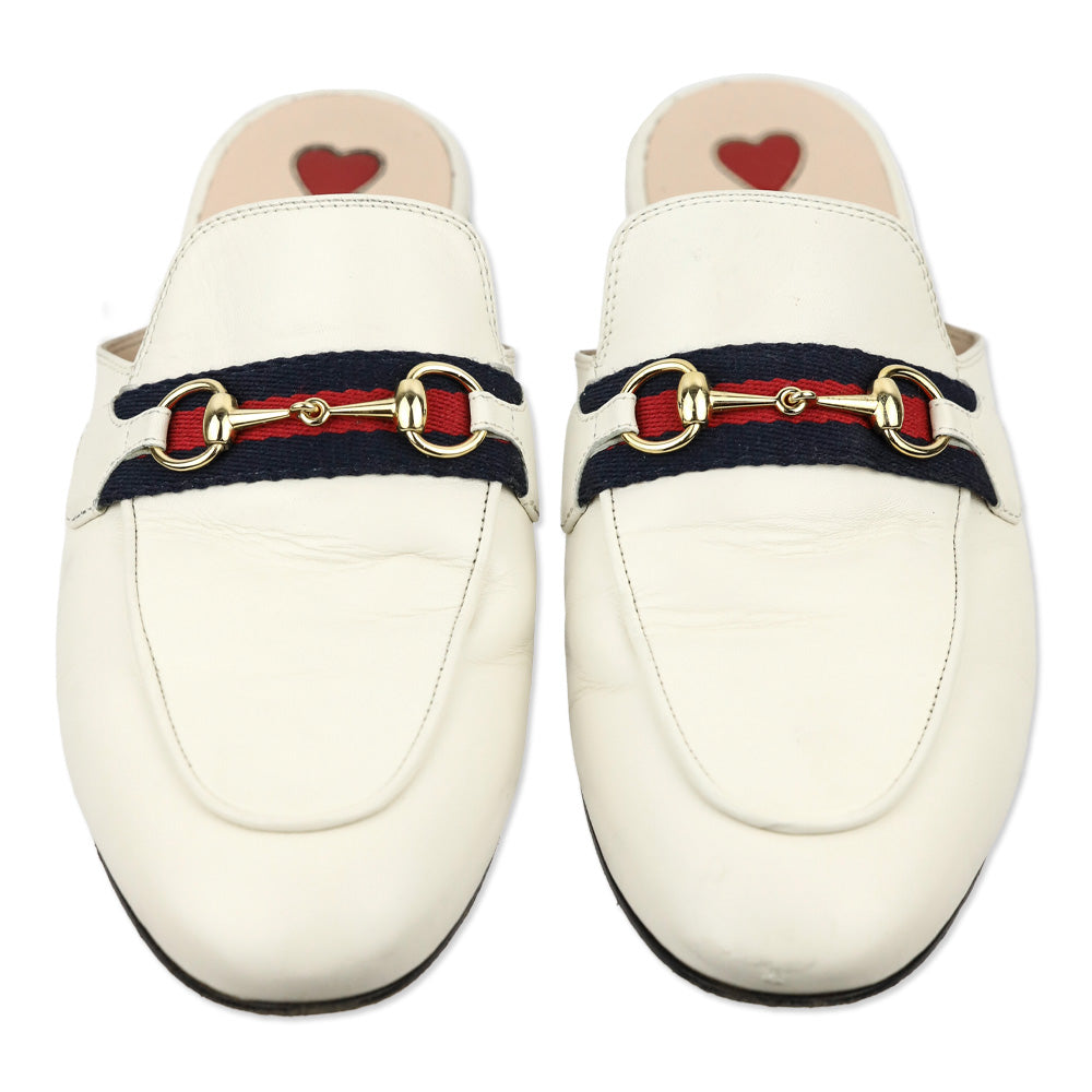 Gucci White Leather Web Stripe Horsebit Princetown Slipper Mule Loafer