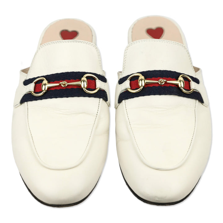 Gucci White Leather Web Stripe Horsebit Princetown Slipper Mule Loafer