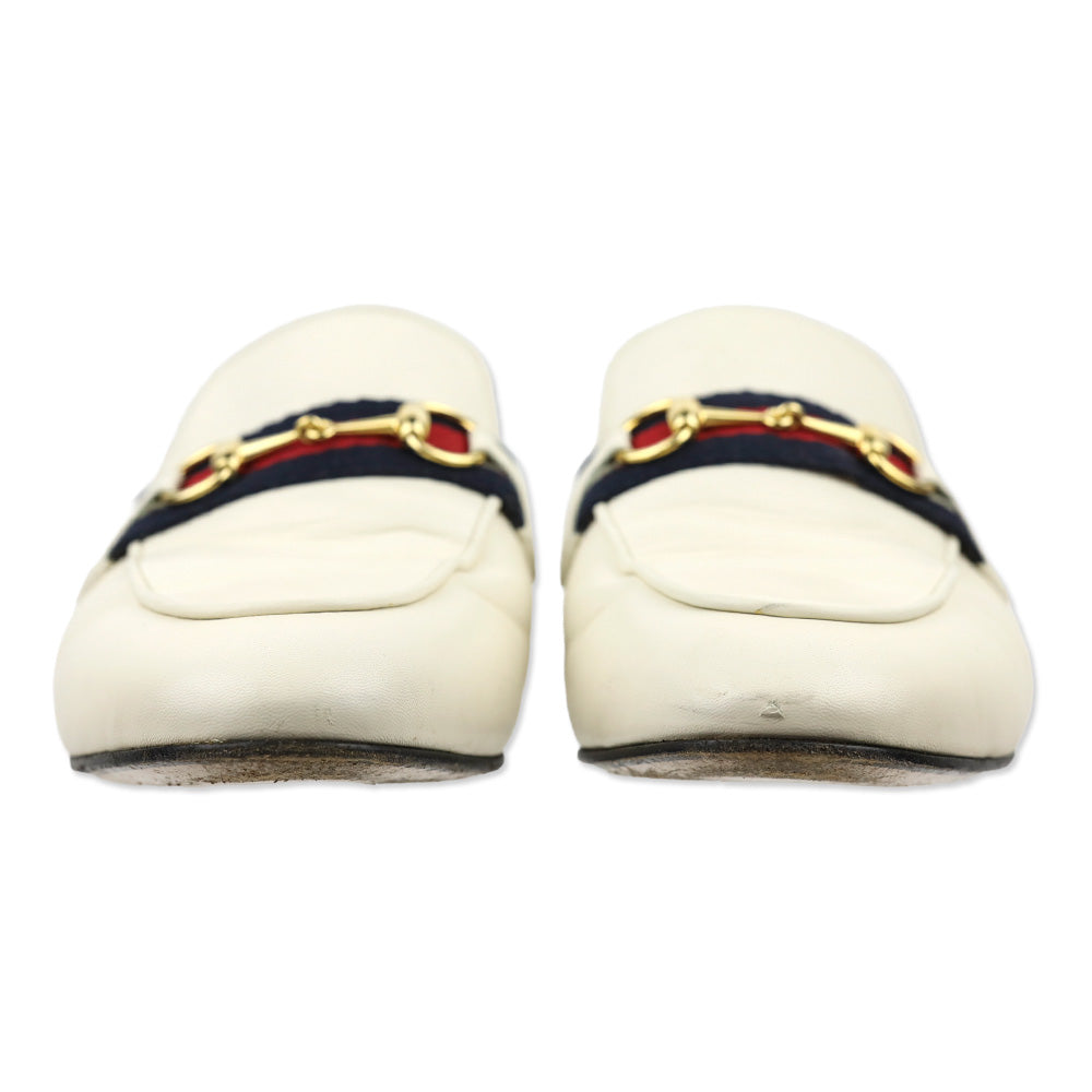 Gucci White Leather Web Stripe Horsebit Princetown Slipper Mule Loafer