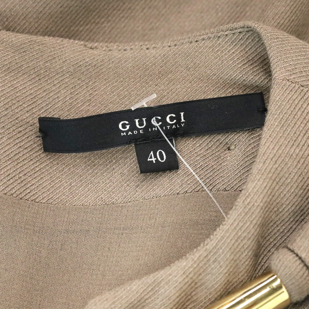 Gucci 2010 Taupe Wool Blend Short Sleeve Gold V-Neck Dress