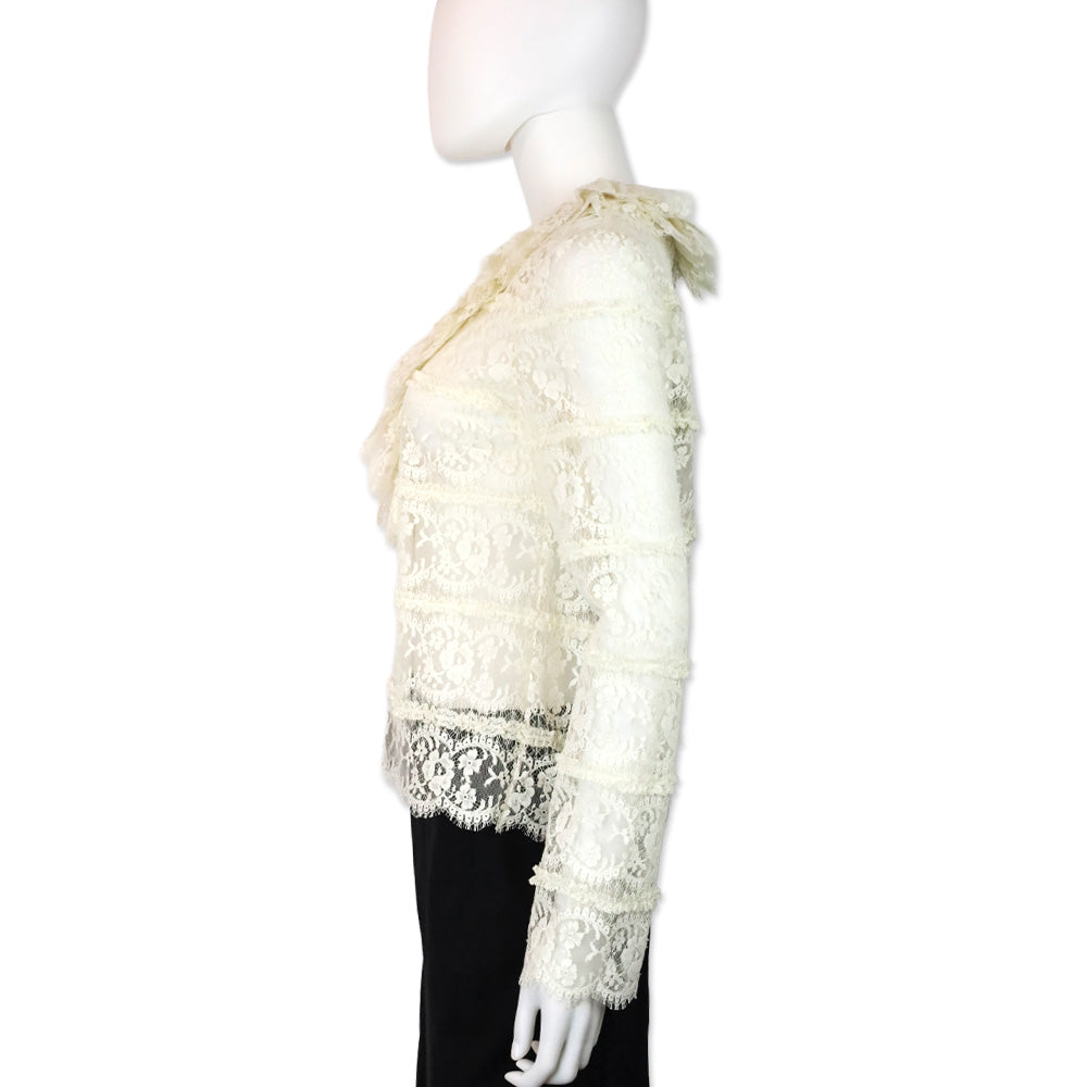 Gucci Ecru Ruffle V-Neck Lace Floral Blouse