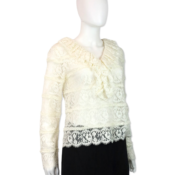 Gucci Ecru Ruffle V-Neck Lace Floral Blouse