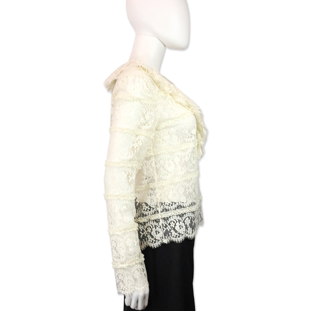 Gucci Ecru Ruffle V-Neck Lace Floral Blouse