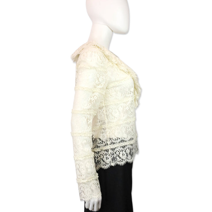 Gucci Ecru Ruffle V-Neck Lace Floral Blouse