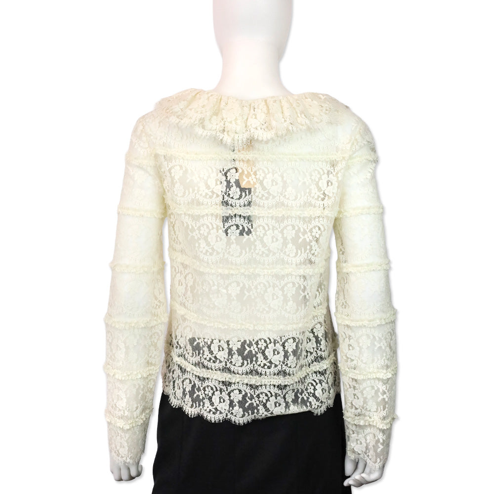 Gucci Ecru Ruffle V-Neck Lace Floral Blouse