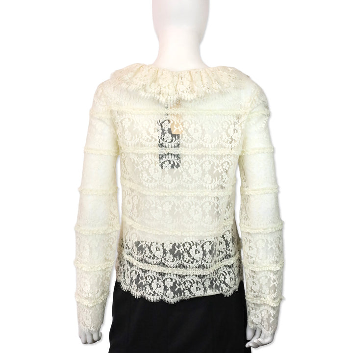 Gucci Ecru Ruffle V-Neck Lace Floral Blouse