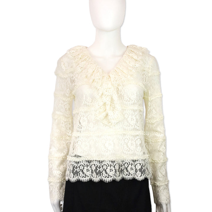 Gucci Ecru Ruffle V-Neck Lace Floral Blouse