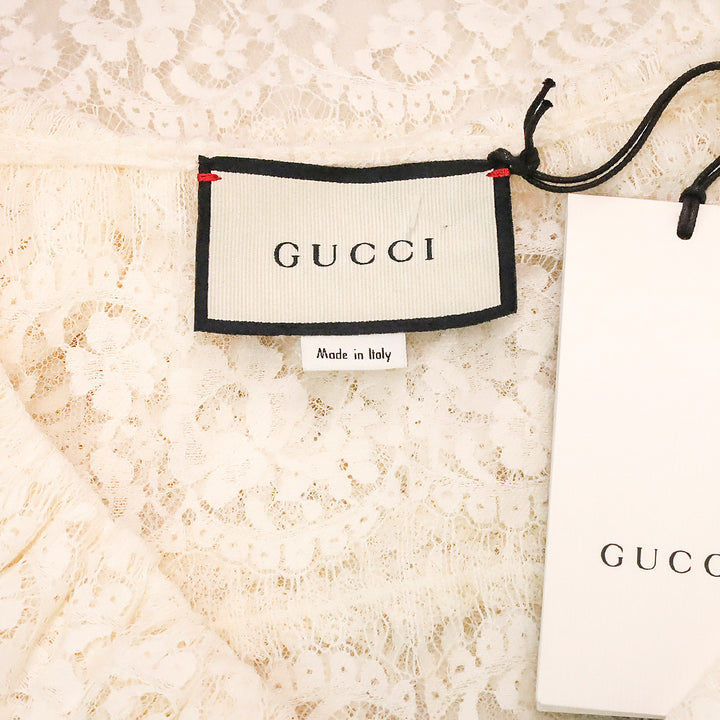 Gucci Ecru Ruffle V-Neck Lace Floral Blouse