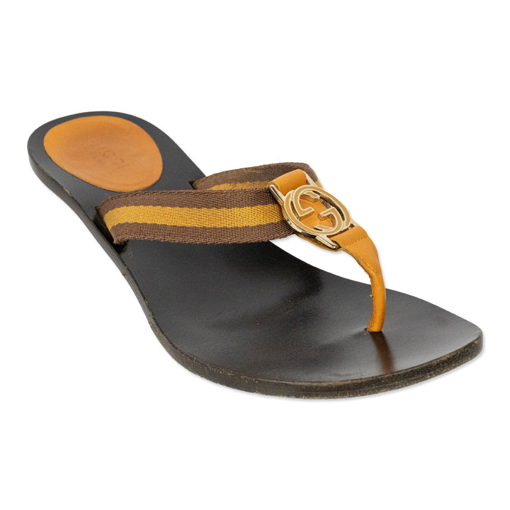 Gucci Orange/Brown Nylon Interlocking G Kitten Heel Thong Sandals