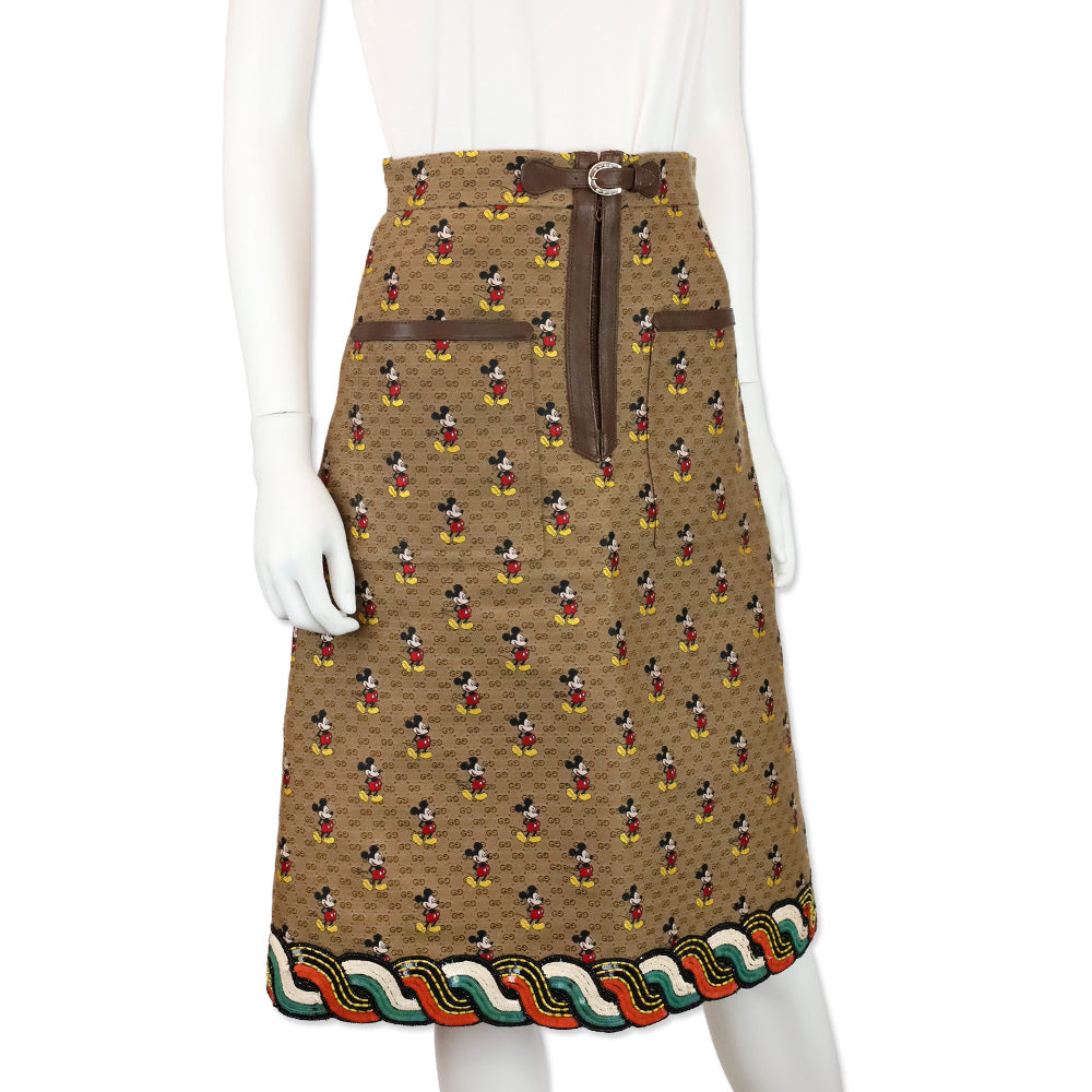 Gucci x Disney Beige Monogram Mickey Mouse Midi Skirt with Brown Buckle Accent