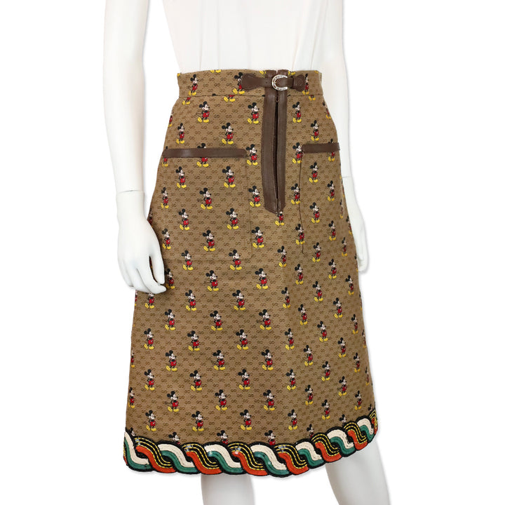 Gucci x Disney Beige Monogram Mickey Mouse Midi Skirt with Brown Buckle Accent