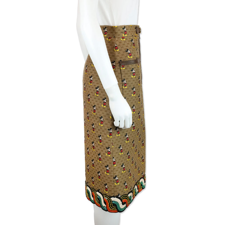 Gucci x Disney Beige Monogram Mickey Mouse Midi Skirt with Brown Buckle Accent
