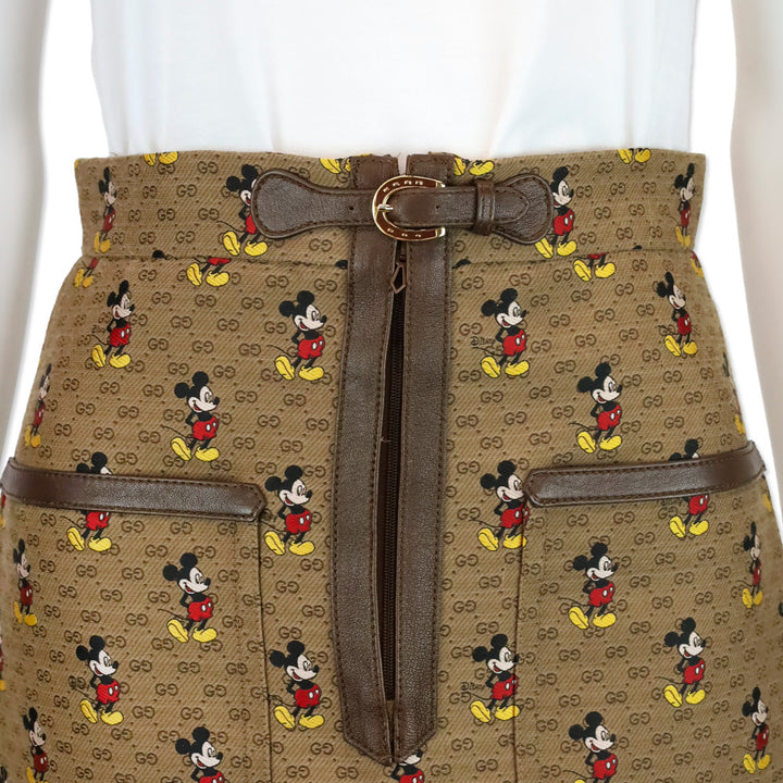 Gucci x Disney Beige Monogram Mickey Mouse Midi Skirt with Brown Buckle Accent