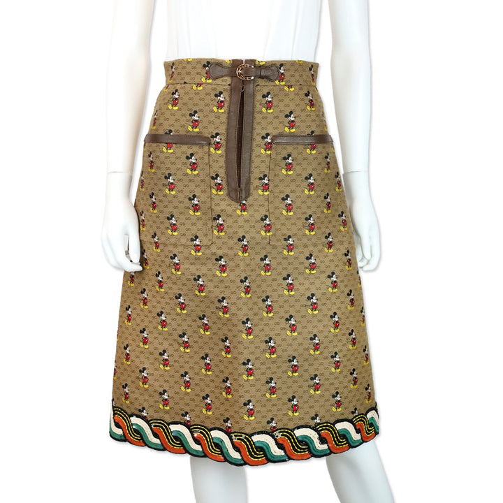 Gucci x Disney Beige Monogram Mickey Mouse Midi Skirt with Brown Buckle Accent