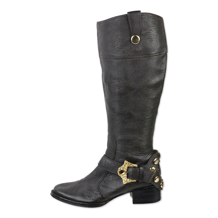 Hale Bob Brown Pebble Leather Crystal Buckle Riding Boot