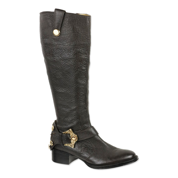Hale Bob Brown Pebble Leather Crystal Buckle Riding Boot