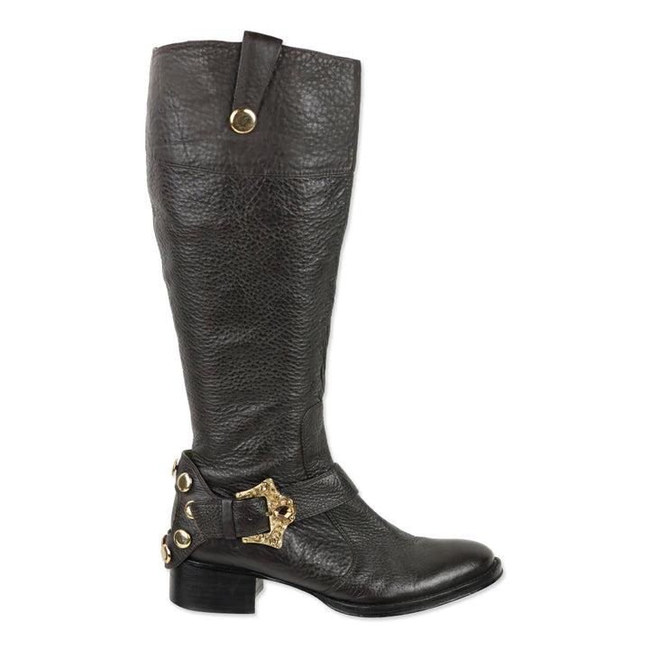 Hale Bob Brown Pebble Leather Crystal Buckle Riding Boot