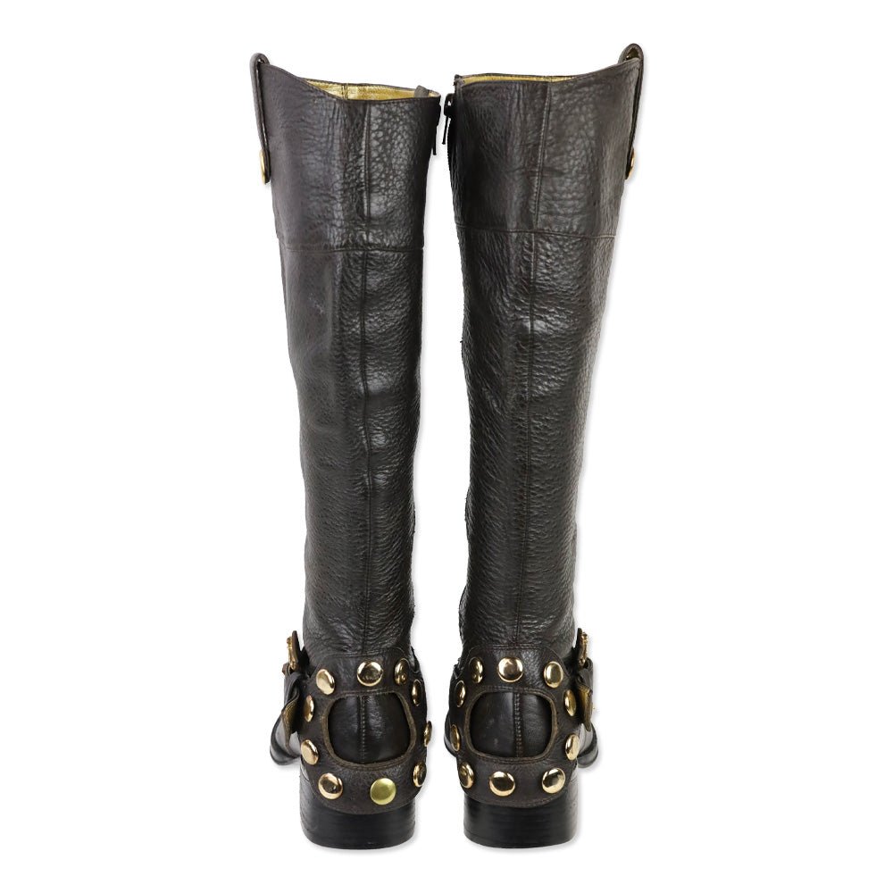 Hale Bob Brown Pebble Leather Crystal Buckle Riding Boot