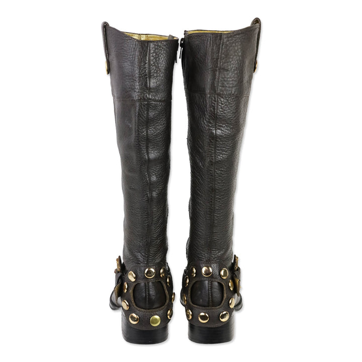 Hale Bob Brown Pebble Leather Crystal Buckle Riding Boot