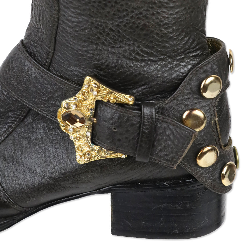 Hale Bob Brown Pebble Leather Crystal Buckle Riding Boot