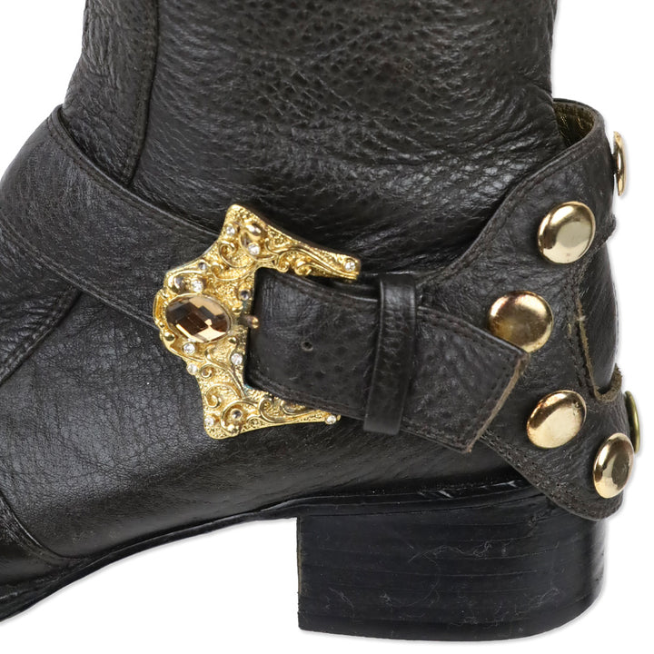 Hale Bob Brown Pebble Leather Crystal Buckle Riding Boot