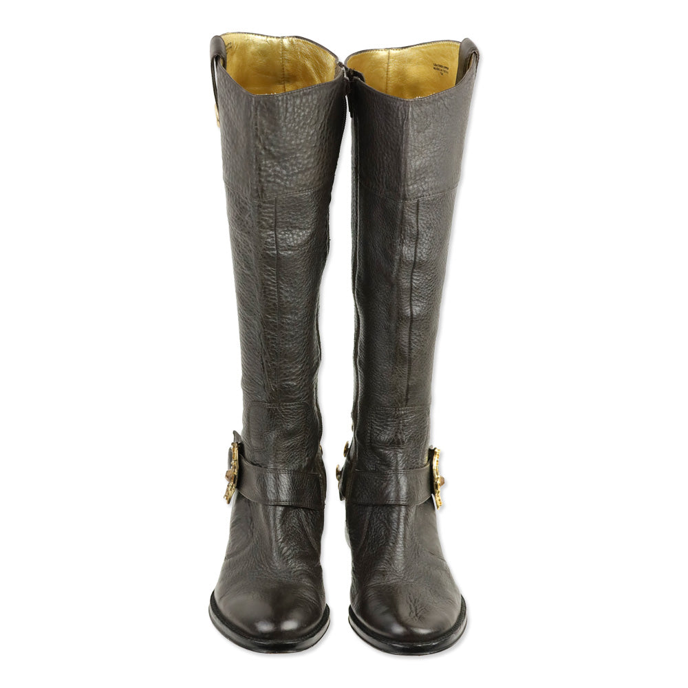 Hale Bob Brown Pebble Leather Crystal Buckle Riding Boot