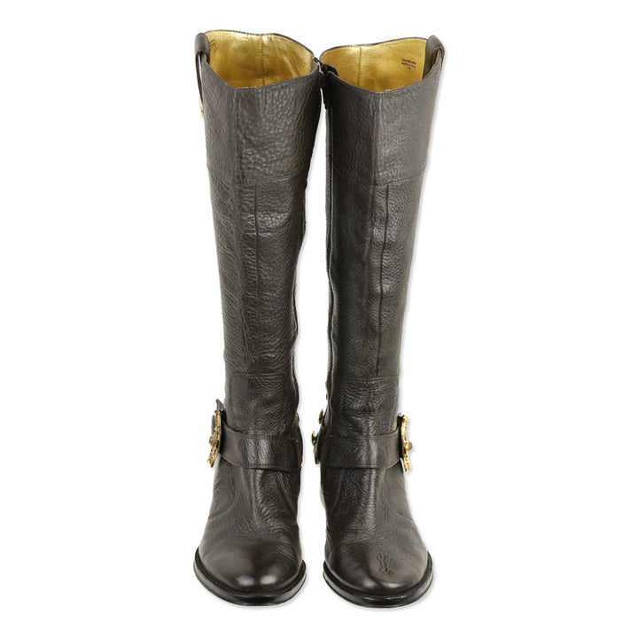 Hale Bob Brown Pebble Leather Crystal Buckle Riding Boot