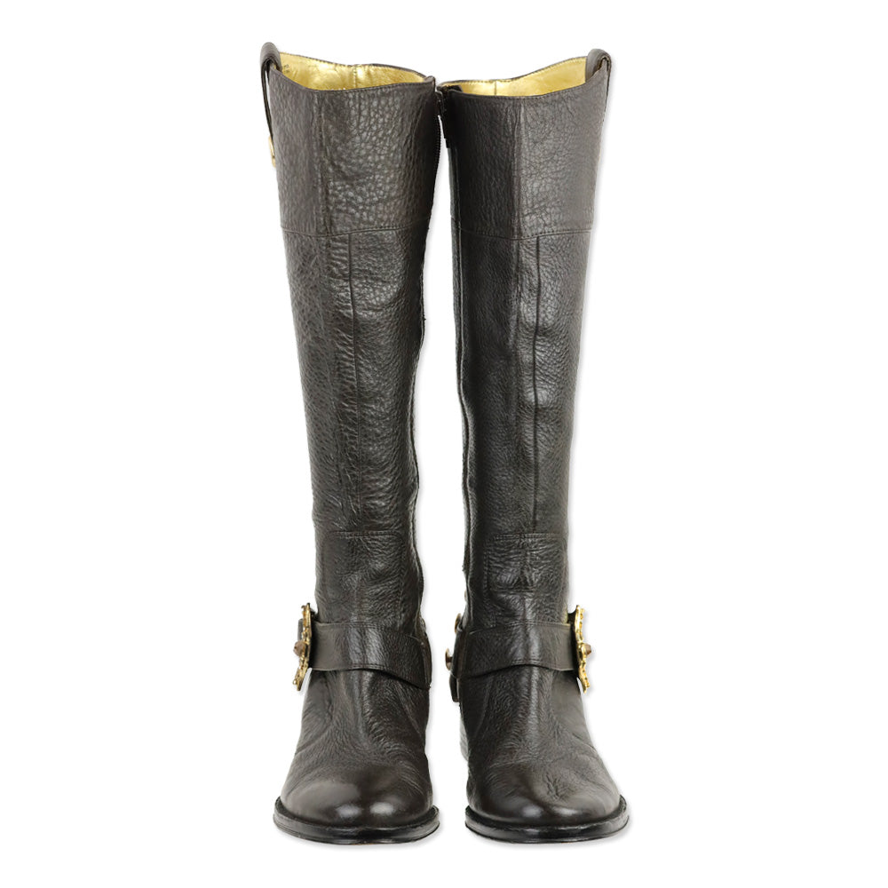 Hale Bob Brown Pebble Leather Crystal Buckle Riding Boot