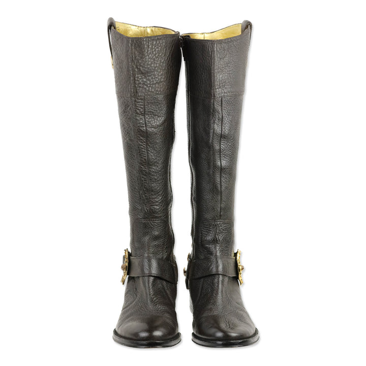 Hale Bob Brown Pebble Leather Crystal Buckle Riding Boot