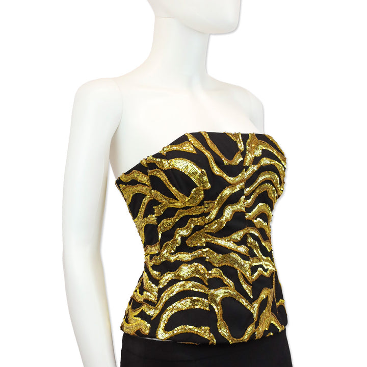 Halpern Black/Gold Vine Sequined Strapless Bustier Top