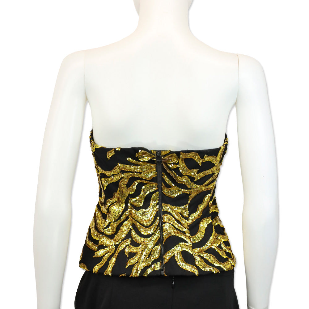 Halpern Black/Gold Vine Sequined Strapless Bustier Top
