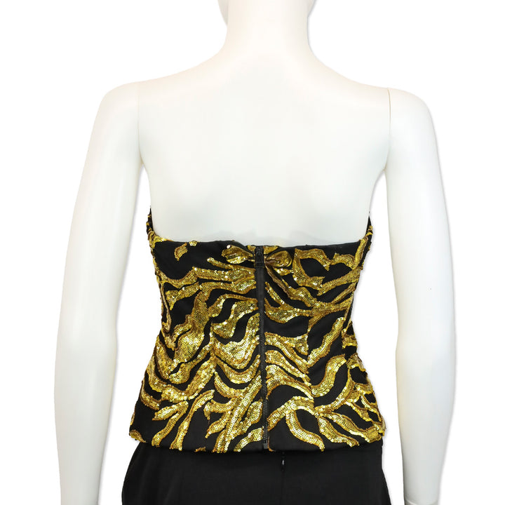 Halpern Black/Gold Vine Sequined Strapless Bustier Top