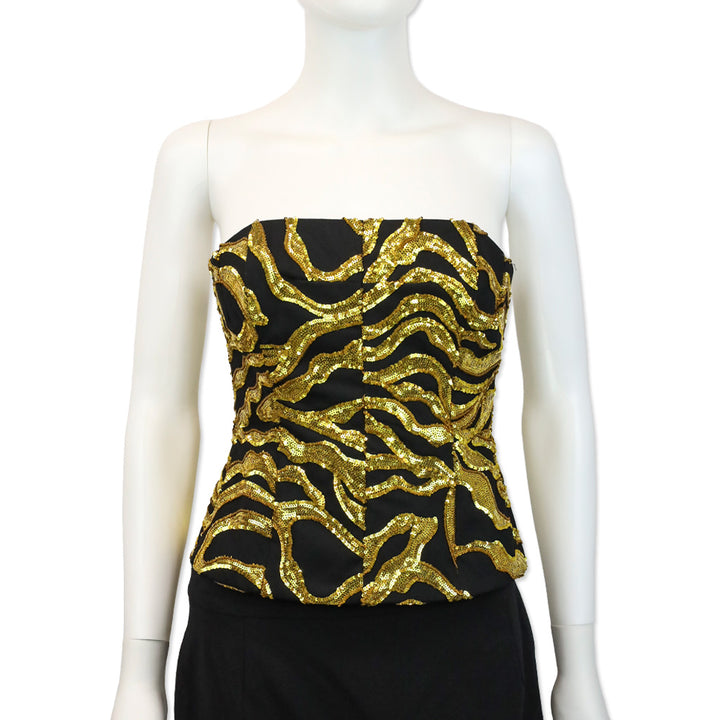 Halpern Black/Gold Vine Sequined Strapless Bustier Top