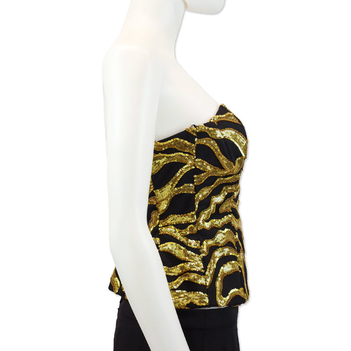 Halpern Black/Gold Vine Sequined Strapless Bustier Top