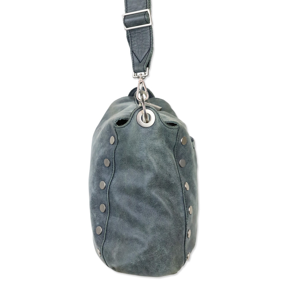 Hammitt Blue Nubuck Silver Studded Crossbody Hobo Bag